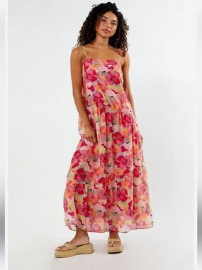 MINKPINK NWT Freyano Tiered Bright Floral Sleeveless Maxi Dress Sz Medium Chic